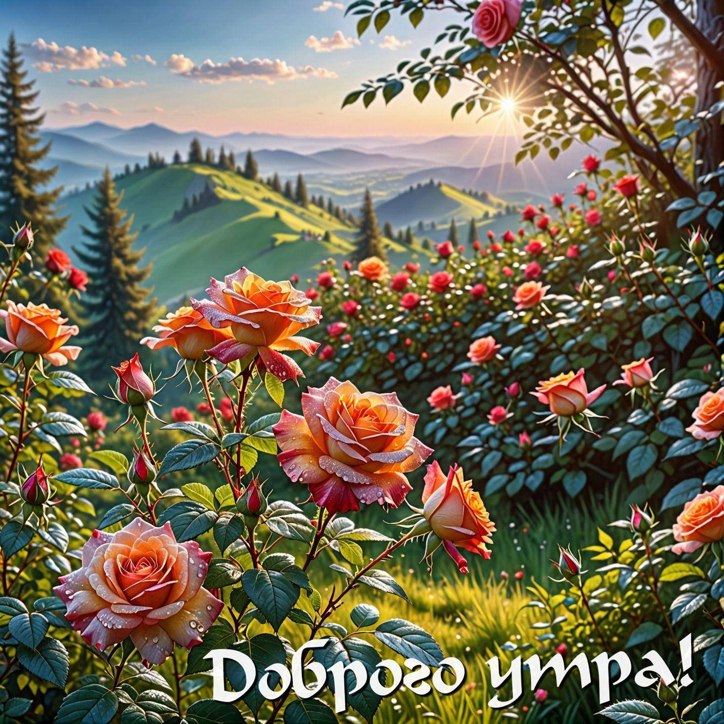 Рассвет в горах, розы на переднем плане