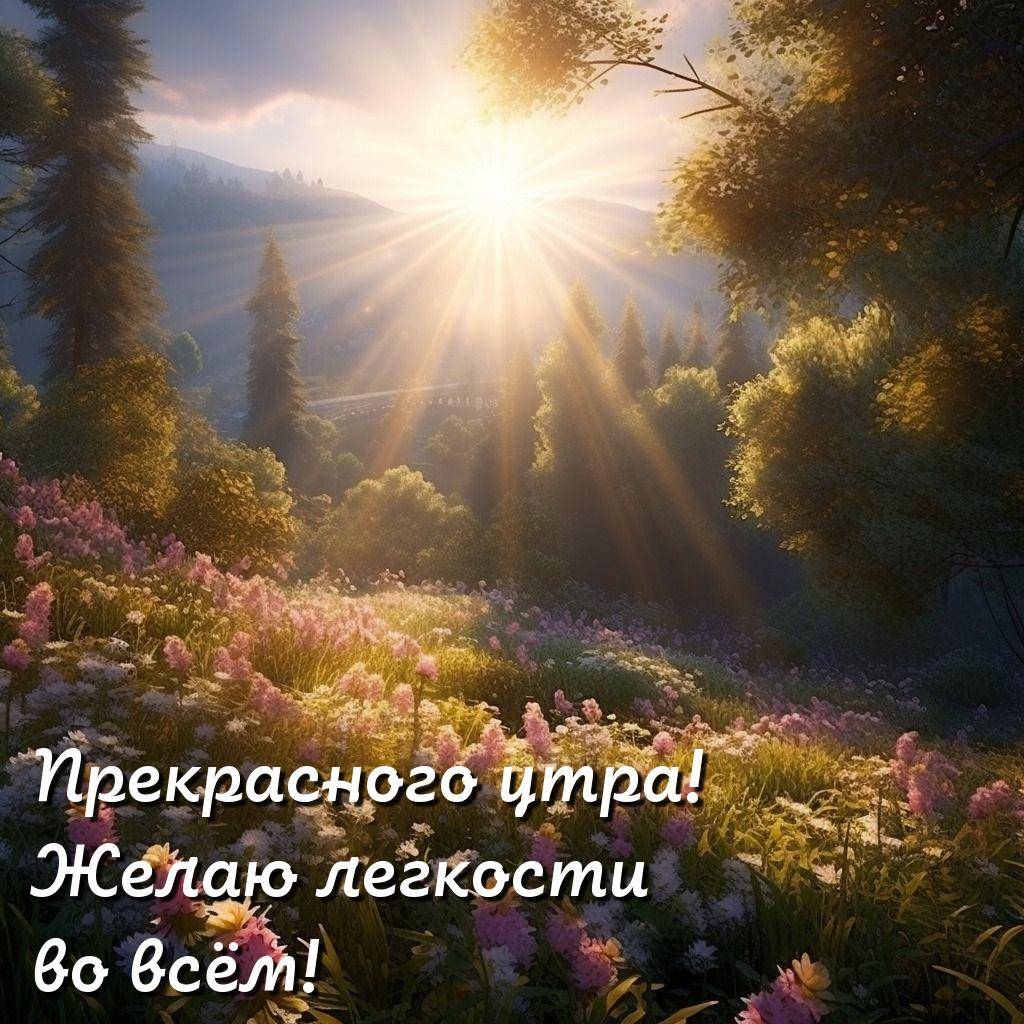 Рассвет в цветущем лугу с розовыми цветами и деревьями