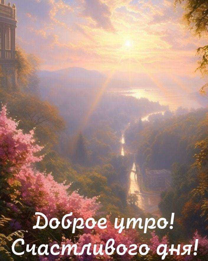 Рассвет в цветущем саду, лучи солнца сквозь деревья