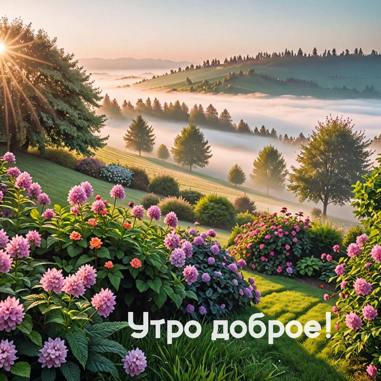 Рассветное солнце освещает цветы гортензии и туманные холмы