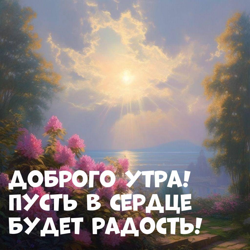 Рассветное солнце освещает цветущие кусты и тихую воду