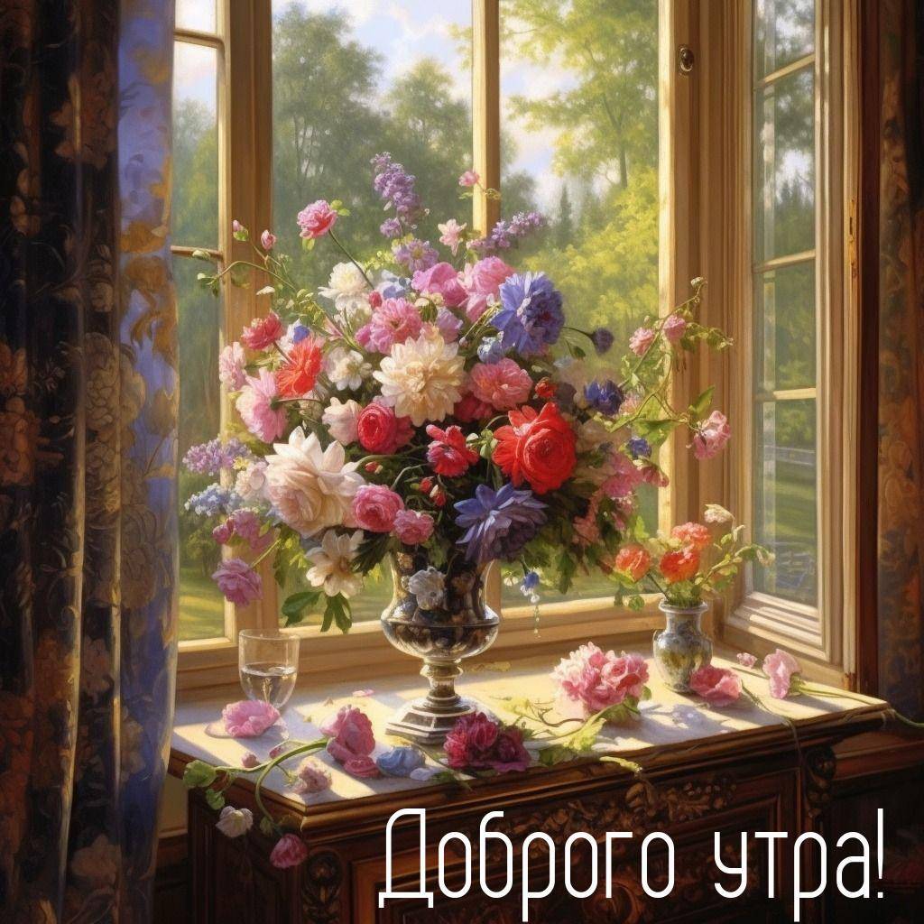 Разноцветный букет цветов у окна в солнечном свете