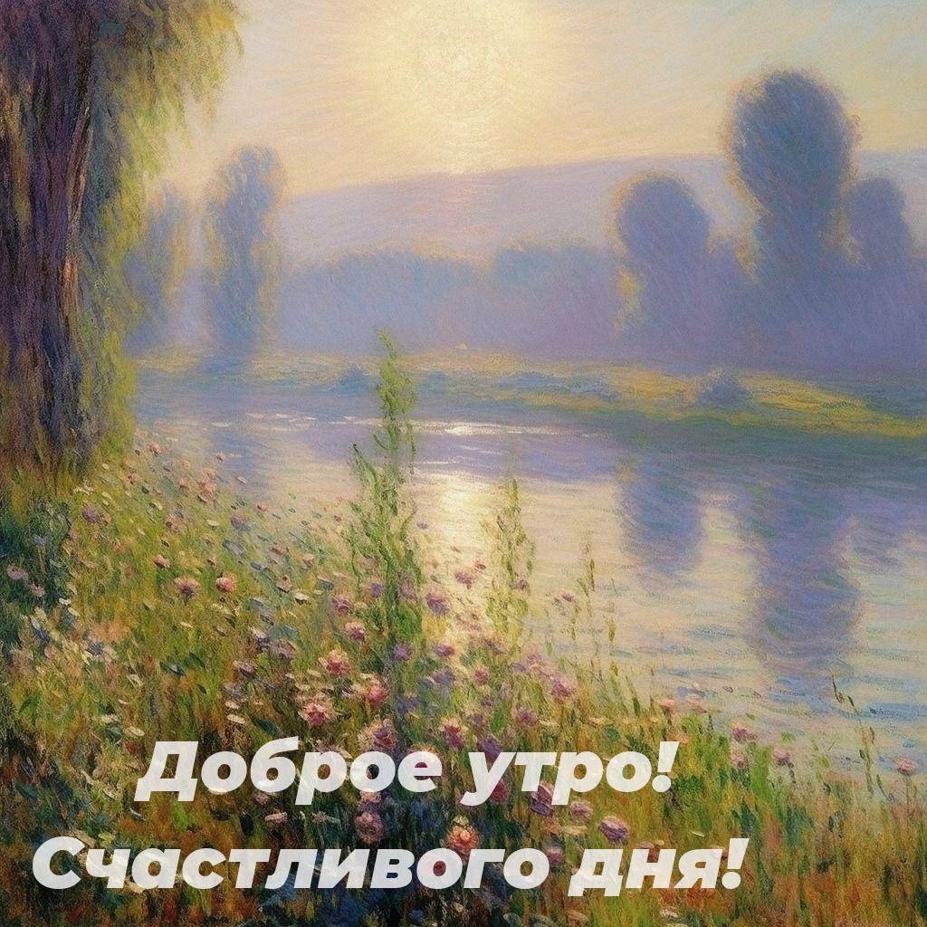 Река и деревья на рассвете, туман, цветы на переднем плане