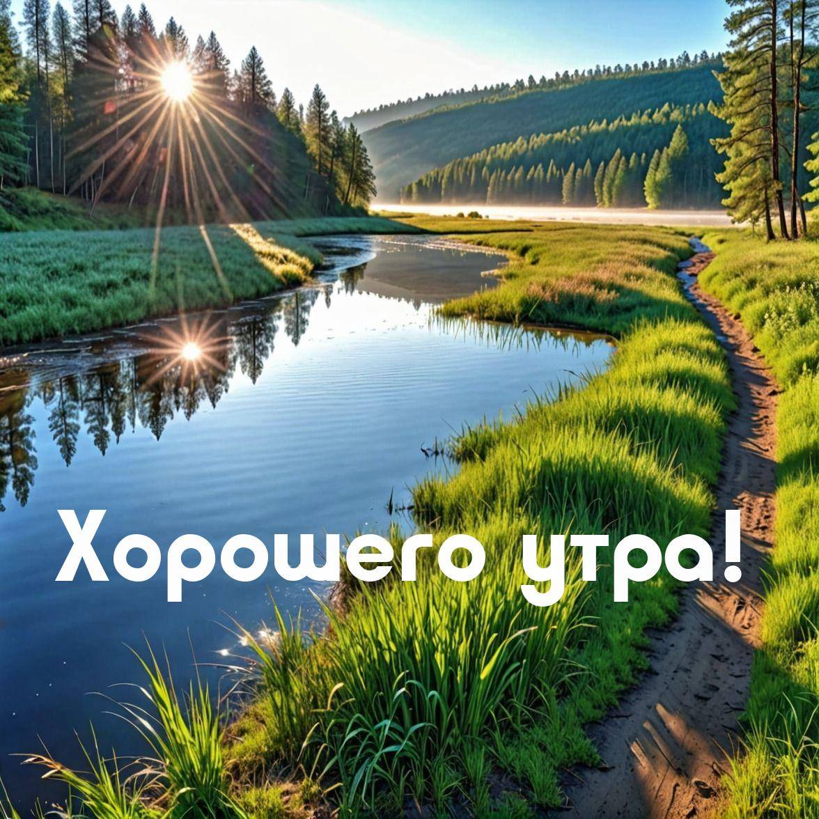 Река с зелеными берегами и лесом на рассвете