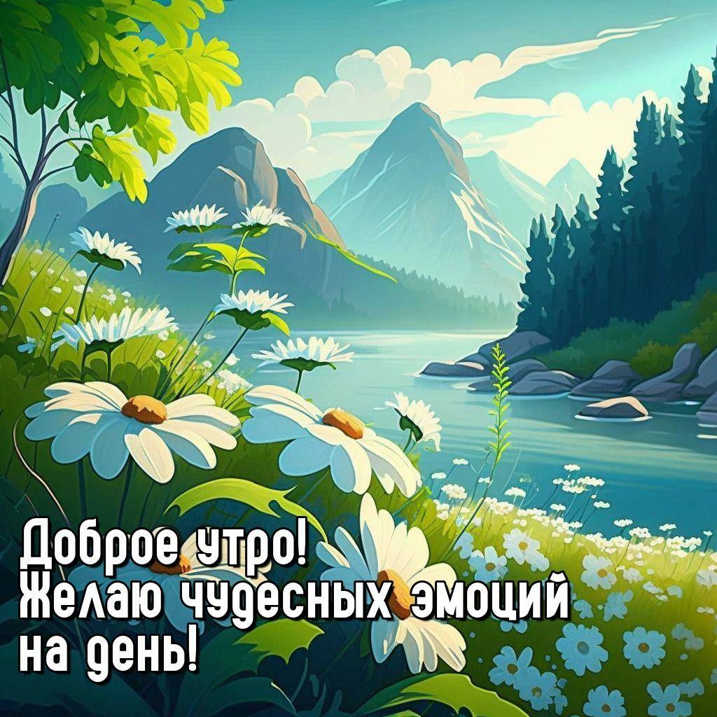 Река среди гор и зелени, белые цветы на переднем плане
