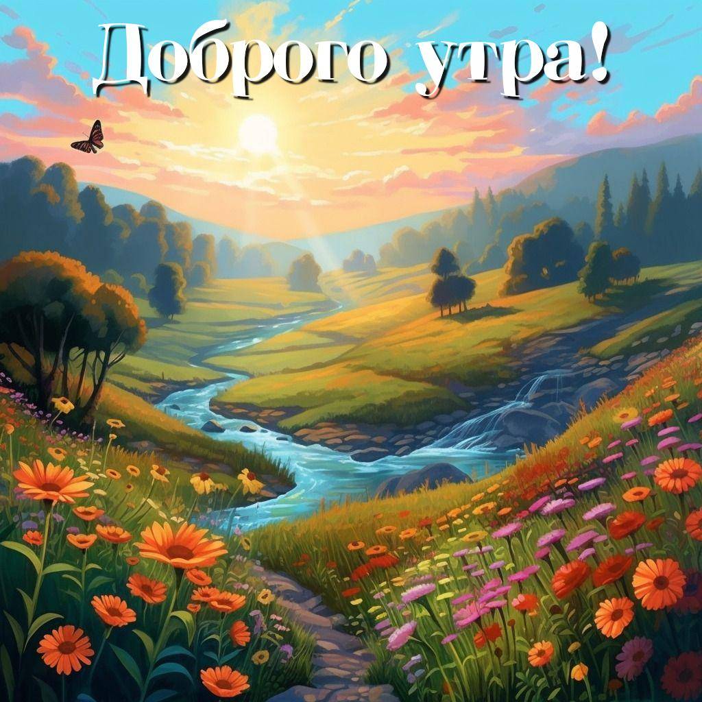 Река в долине среди зеленых холмов и цветов