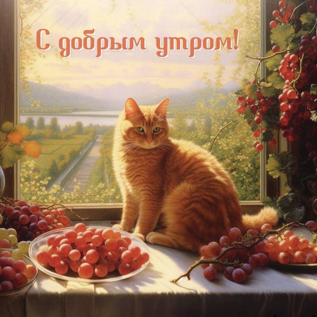 Рыжий кот на столе с виноградом у окна