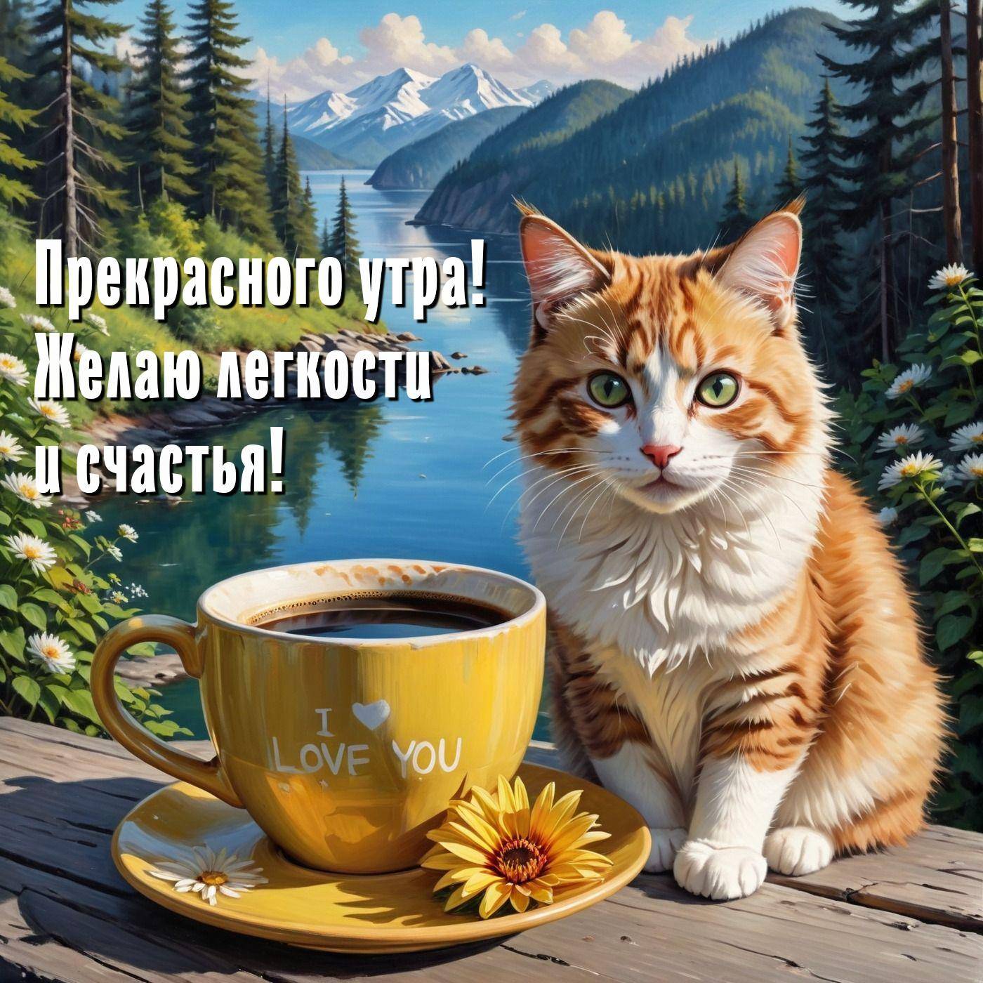 Рыжий кот рядом с чашкой кофе на фоне горного пейзажа