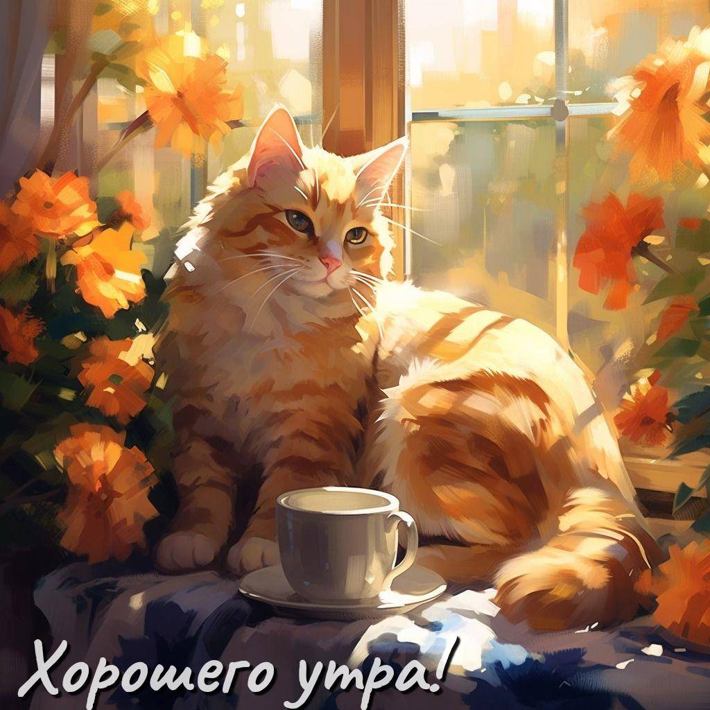 Рыжий кот сидит рядом с чашкой на подоконнике