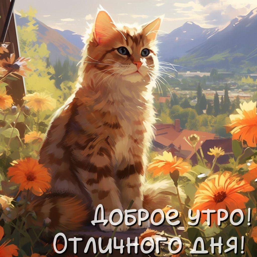 Рыжий кот среди оранжевых цветов на фоне гор