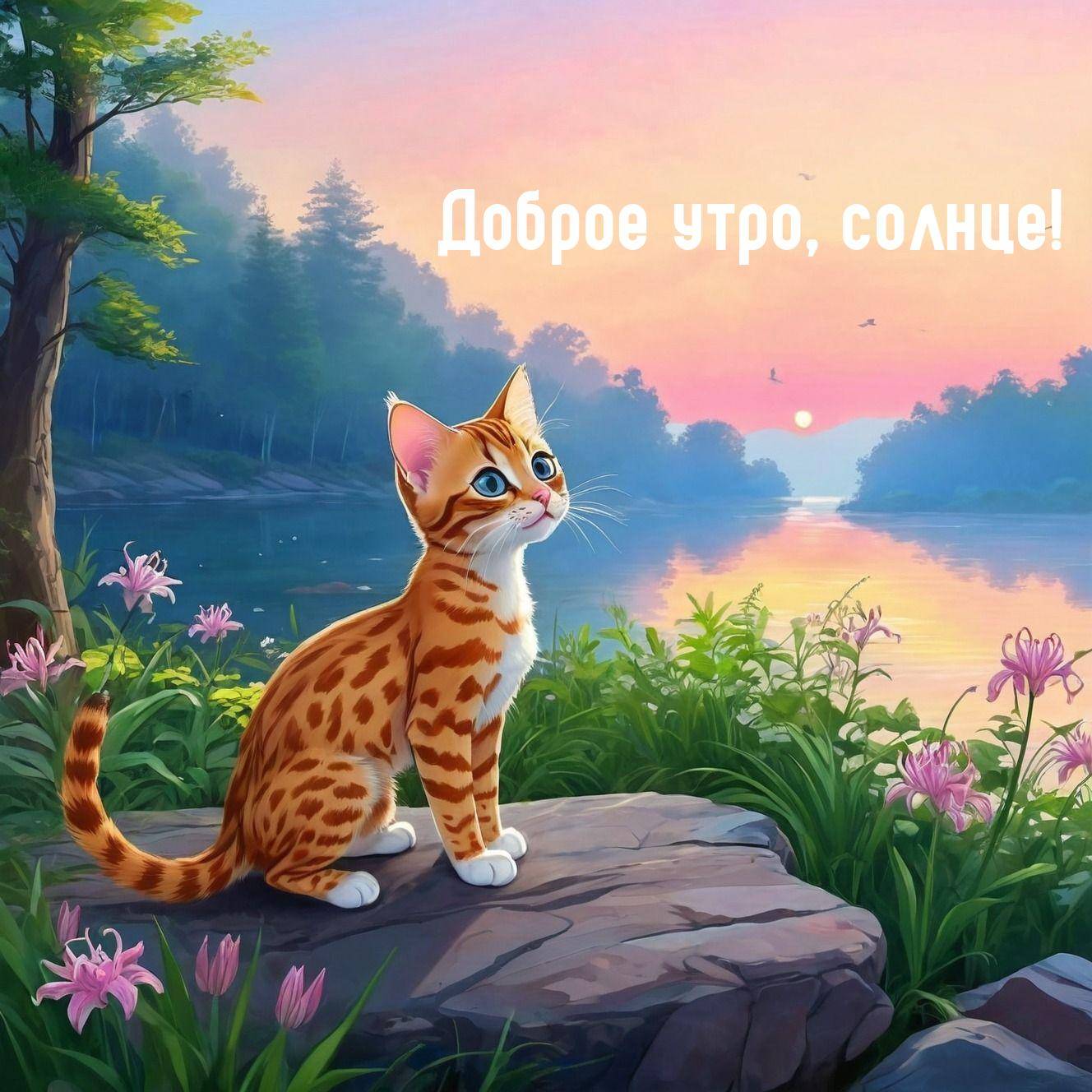 Рыжий котенок сидит на камне у реки