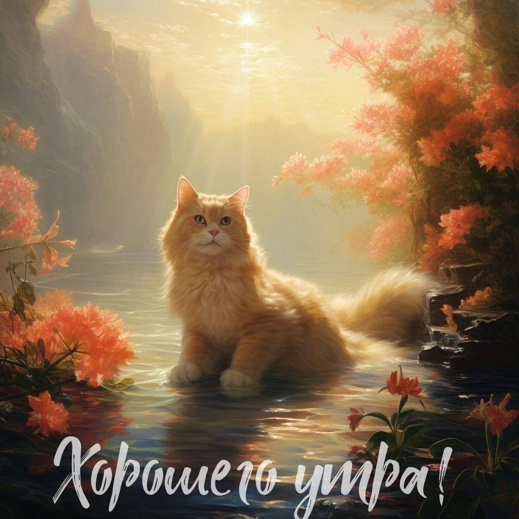 Рыжий пушистый кот у воды среди розовых цветов