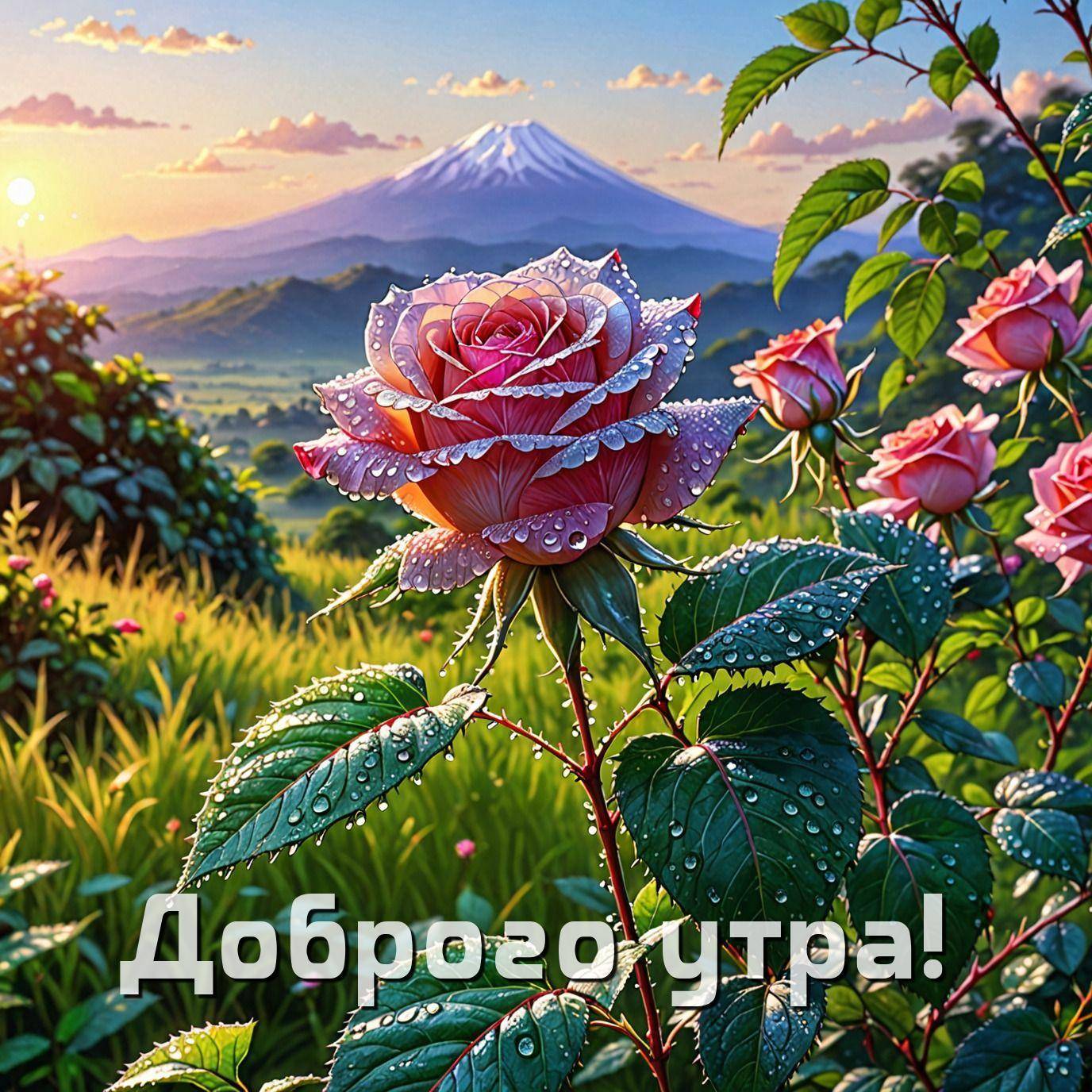Роза с росой на фоне горы и рассвета
