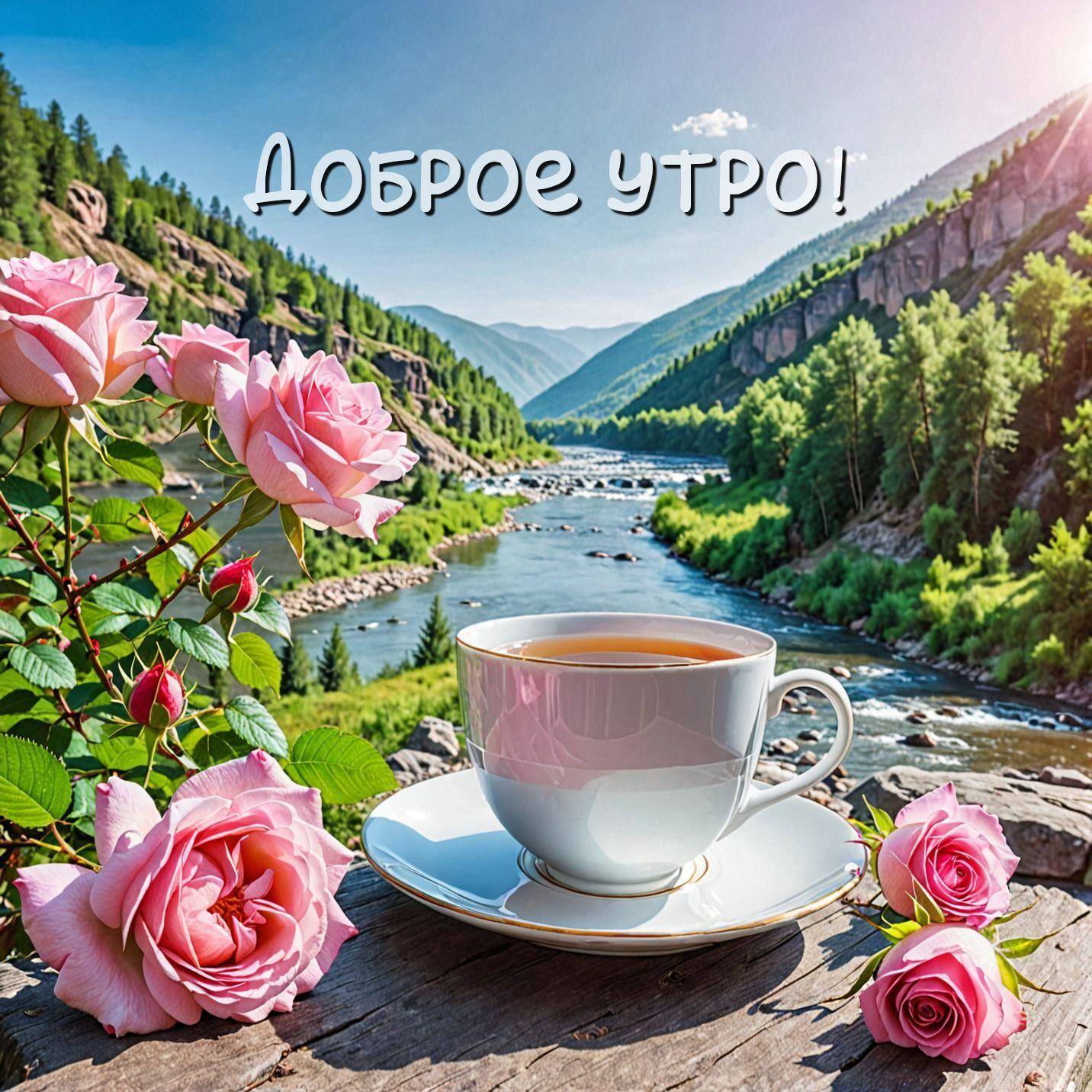 Розы и чашка чая на фоне реки и гор