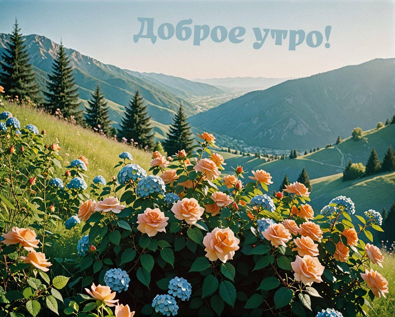 Розы и гортензии на фоне гор