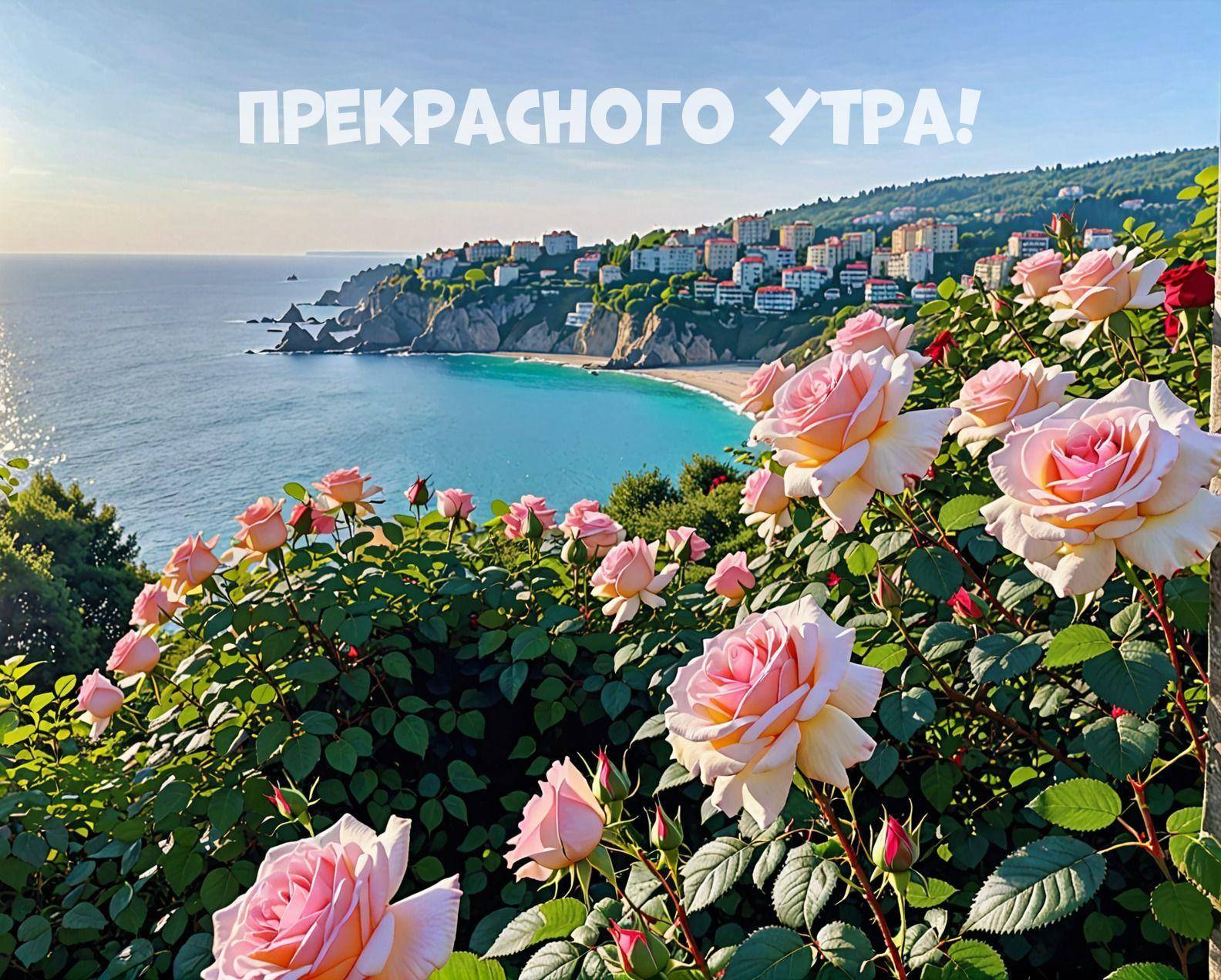 Розы на переднем плане, морской пейзаж с городом