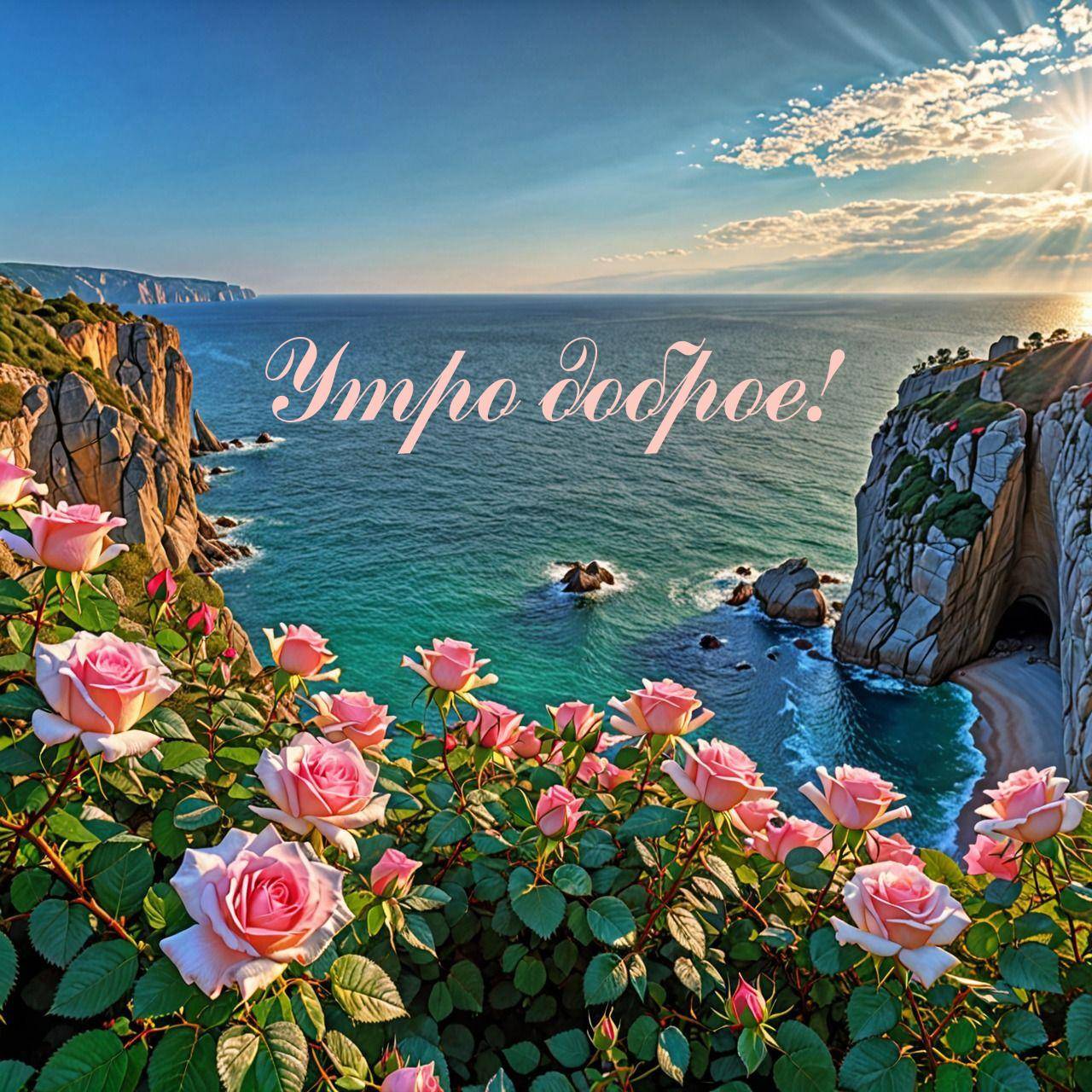 Розы на переднем плане, скалистый берег и море
