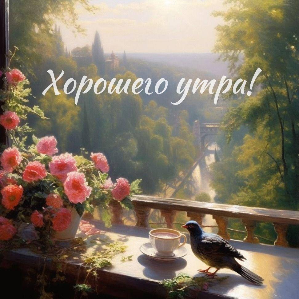 Розы на подоконнике, чашка кофе, птица, вид на парк