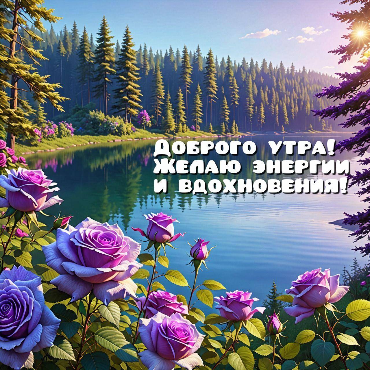 Розы у озера в лесу, солнечный свет сквозь ели