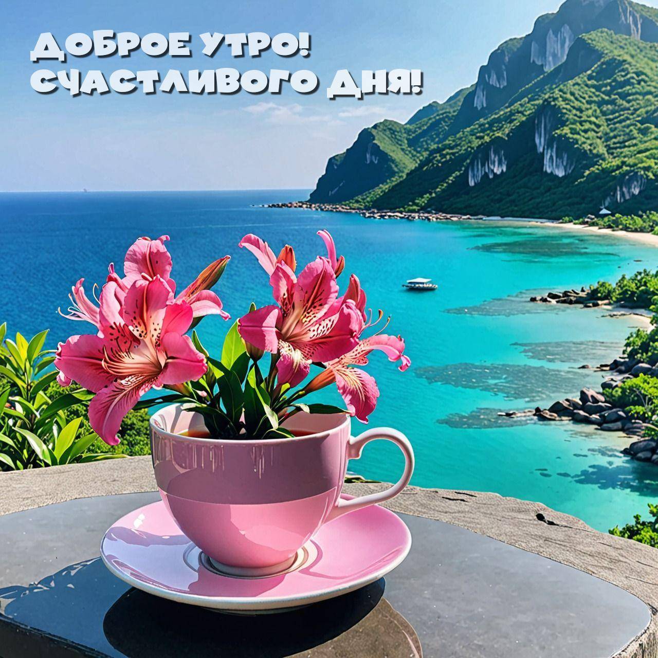 Розовая чашка с цветами на фоне моря и гор