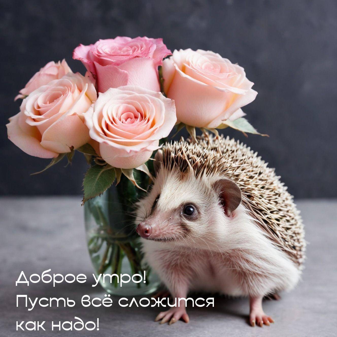 Розовые бутоны и ежик у вазы с цветами