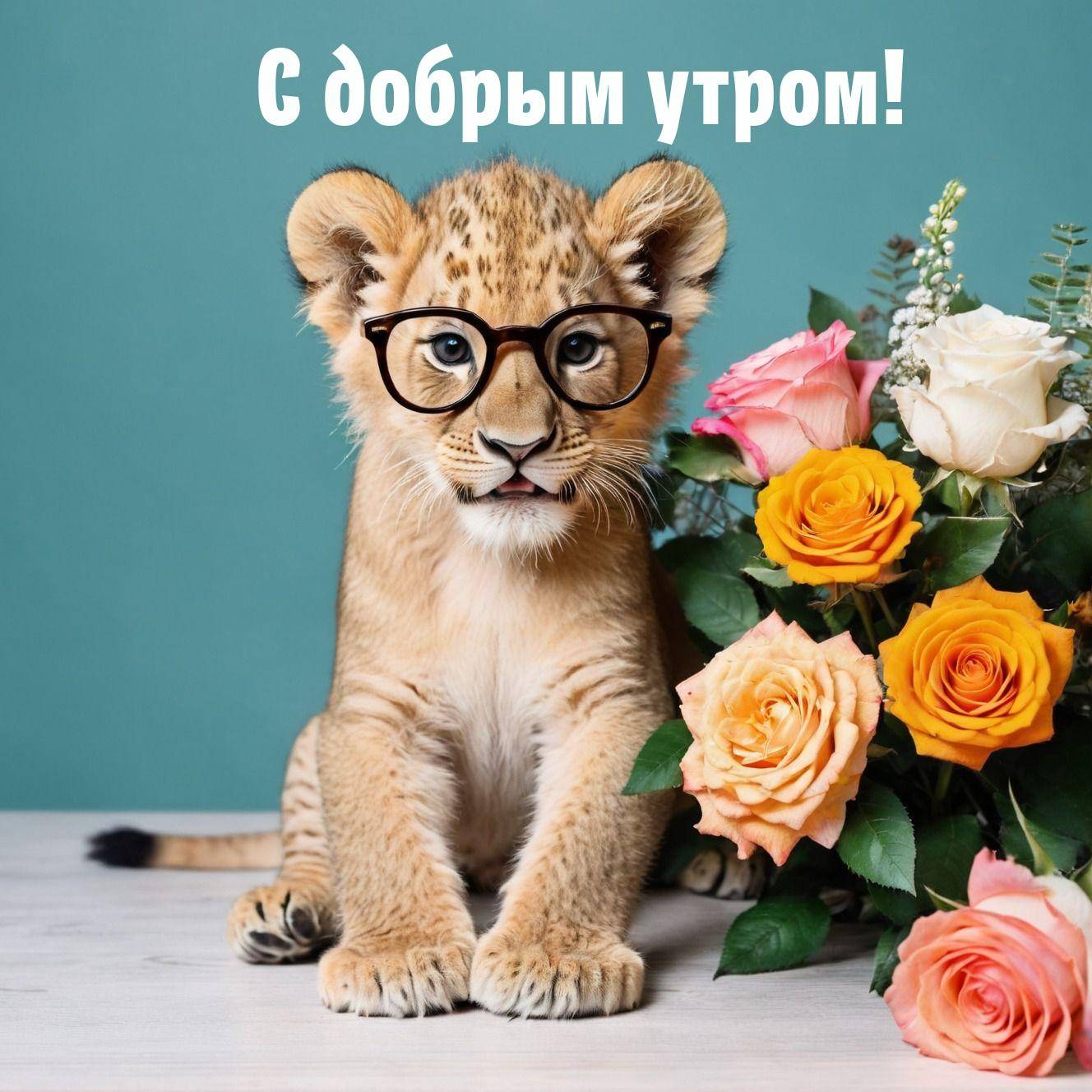Розовые и жёлтые розы, львёнок в очках
