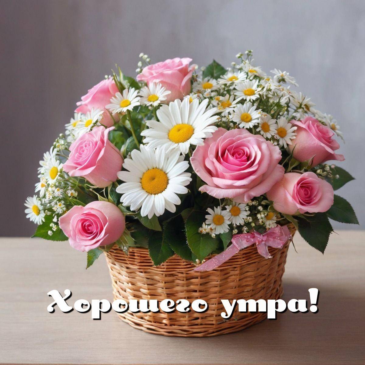 Розовые лепестки и белоснежные маргаритки в корзине