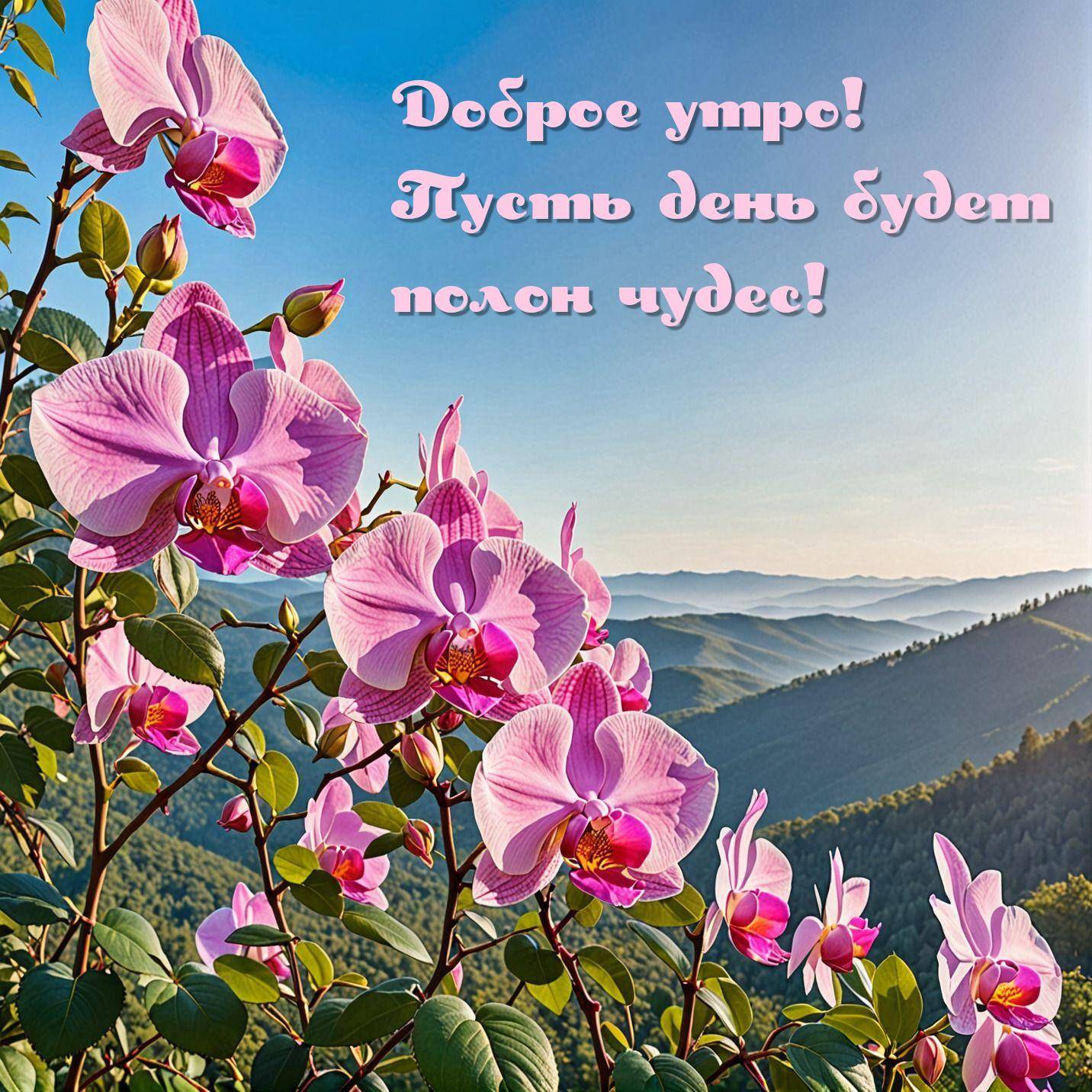 Розовые орхидеи на фоне горного пейзажа