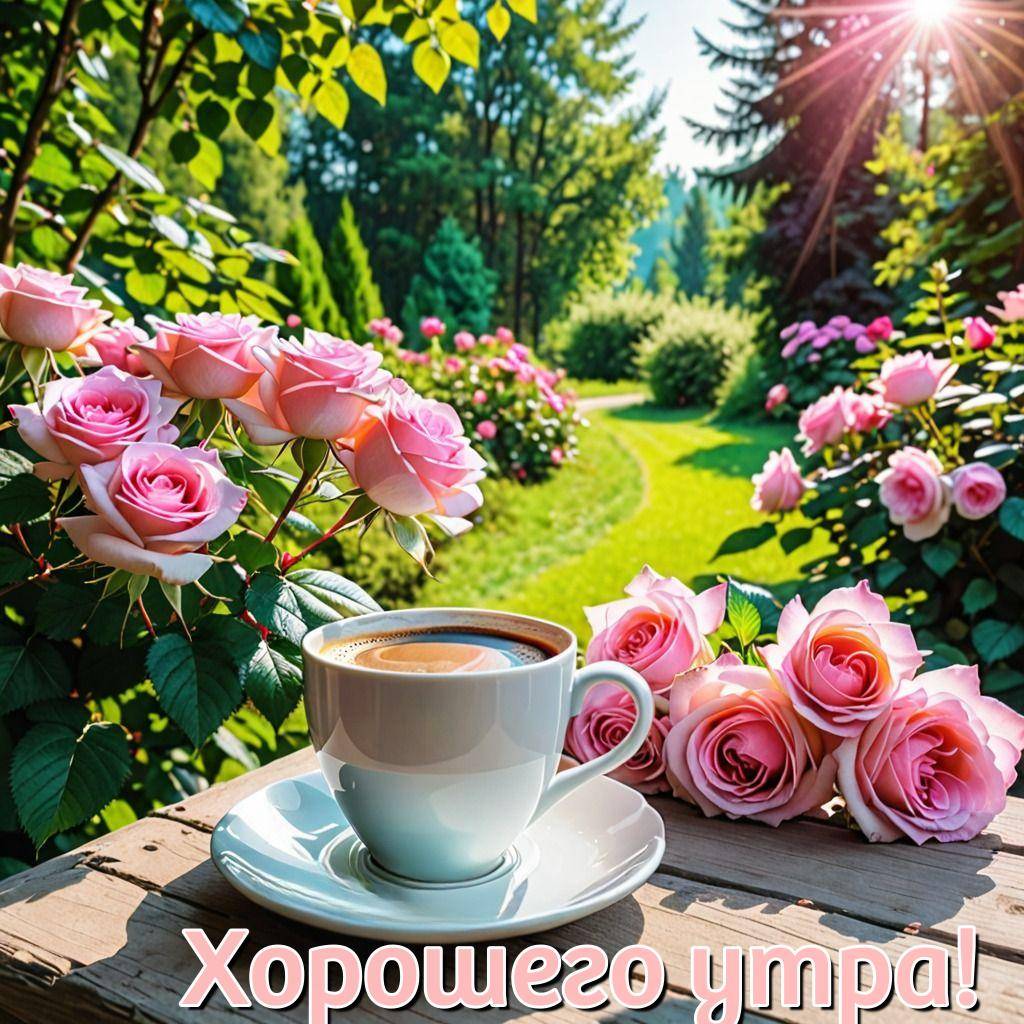 Розовые розы и чашка кофе на столе утром