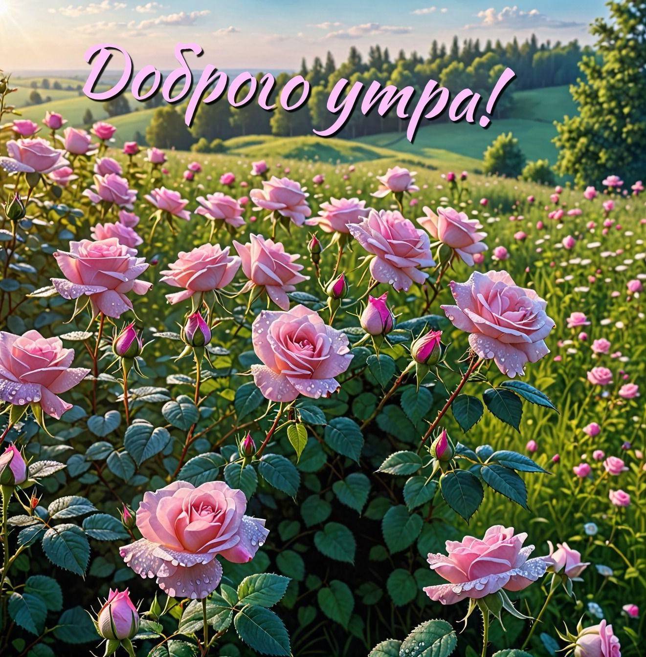 Розовые розы на фоне зеленых холмов