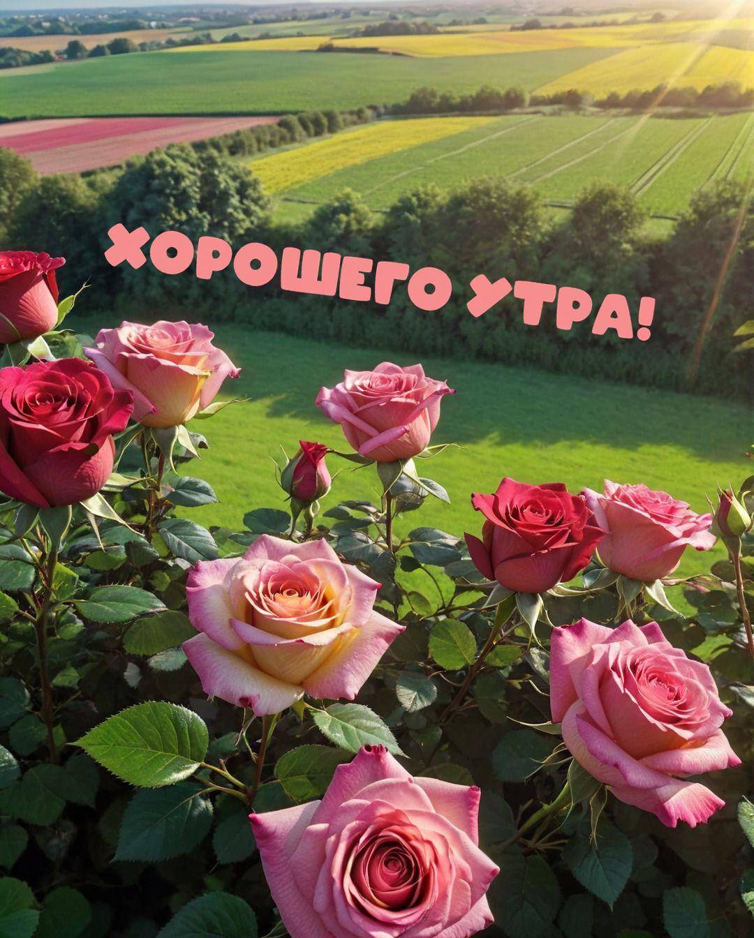 Розовые розы на фоне зеленых полей