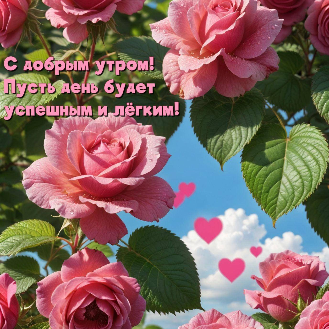 Розовые розы с каплями росы на лепестках