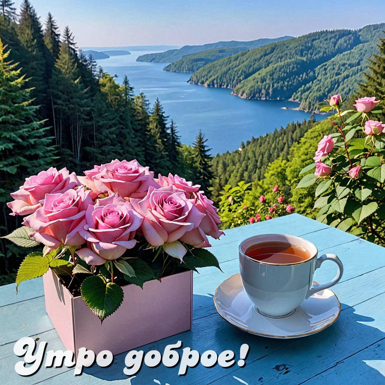 Розовые розы в коробке и чашка чая на фоне озера