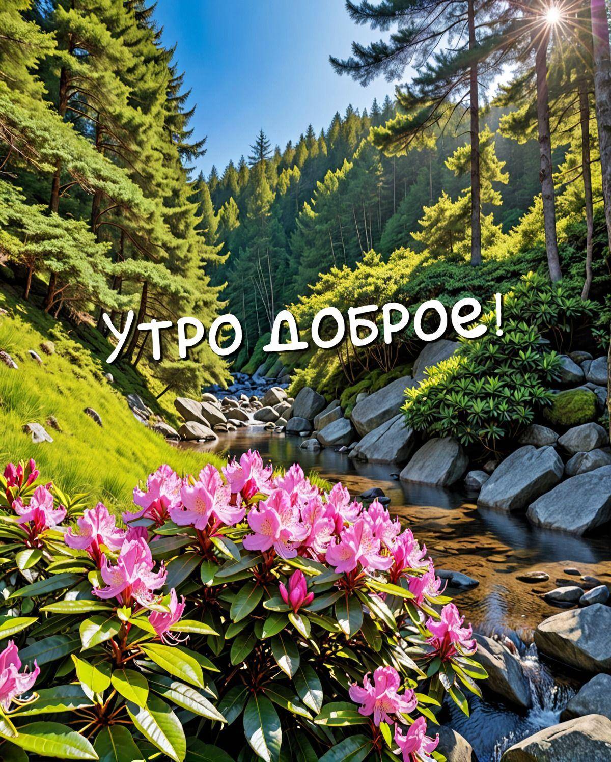 Розовые цветы и река в лесу при солнечном свете