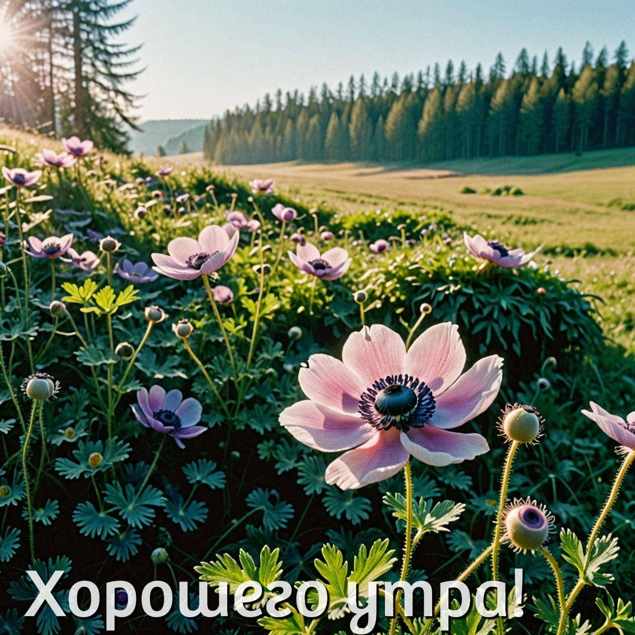 Розовые цветы на фоне леса и ясного неба