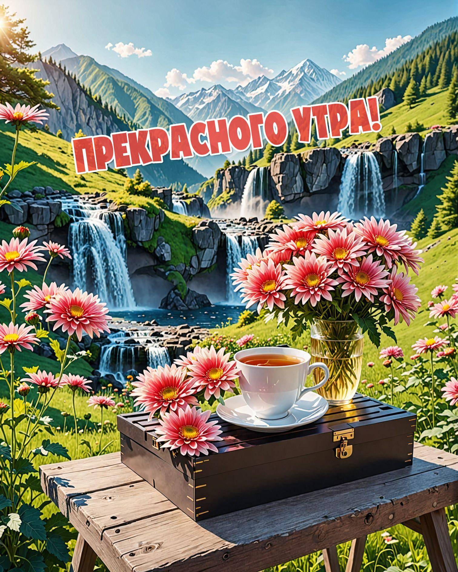 Розовые цветы на фоне водопада и гор