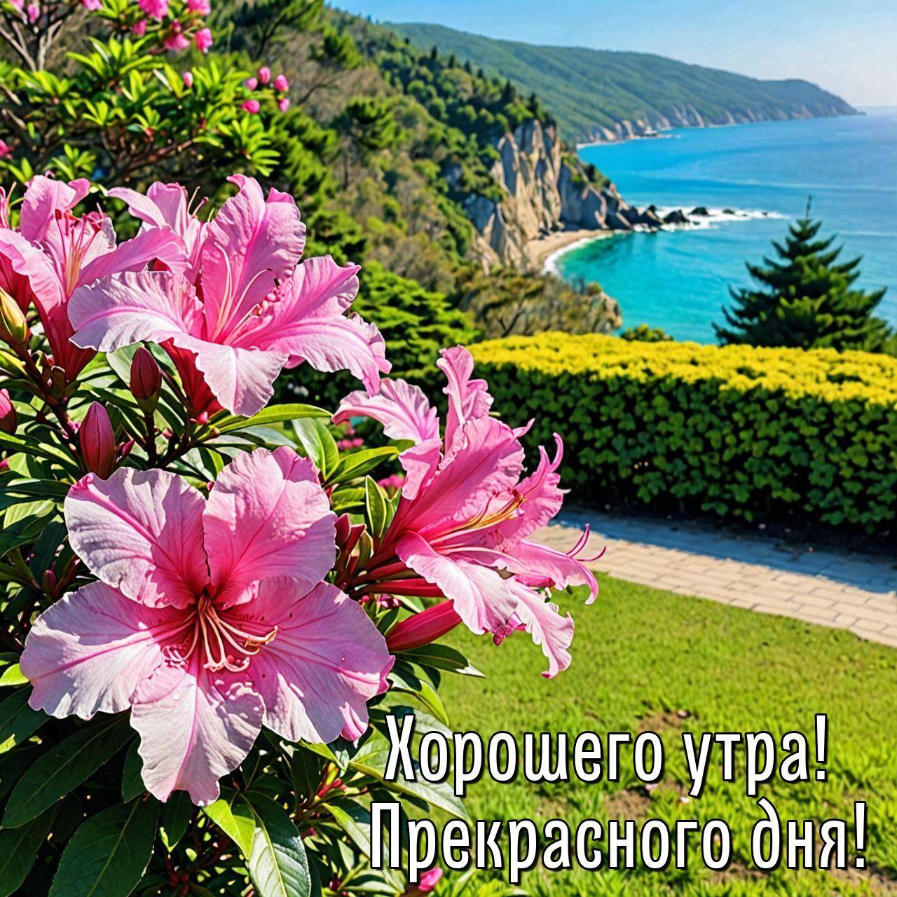 Розовые цветы на переднем плане, морской пейзаж с утесами