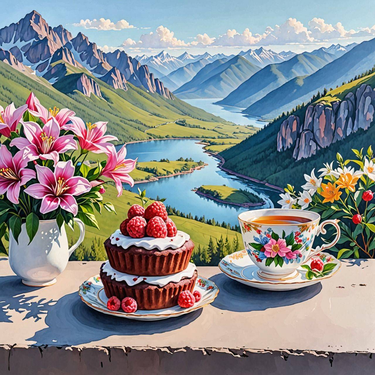 Розовые цветы, торт с малиной, чашка чая