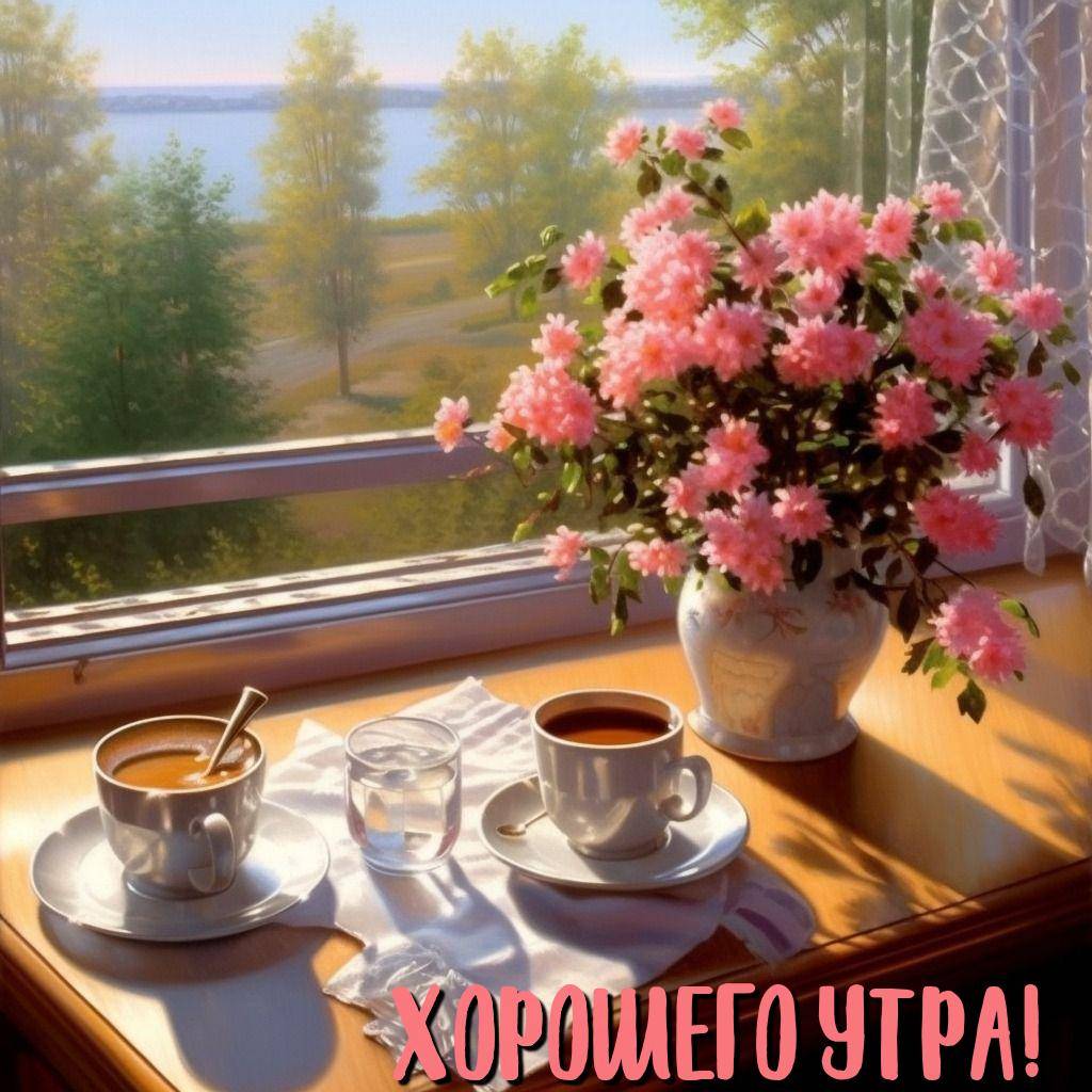 Розовые цветы в вазе и две чашки кофе на подоконнике