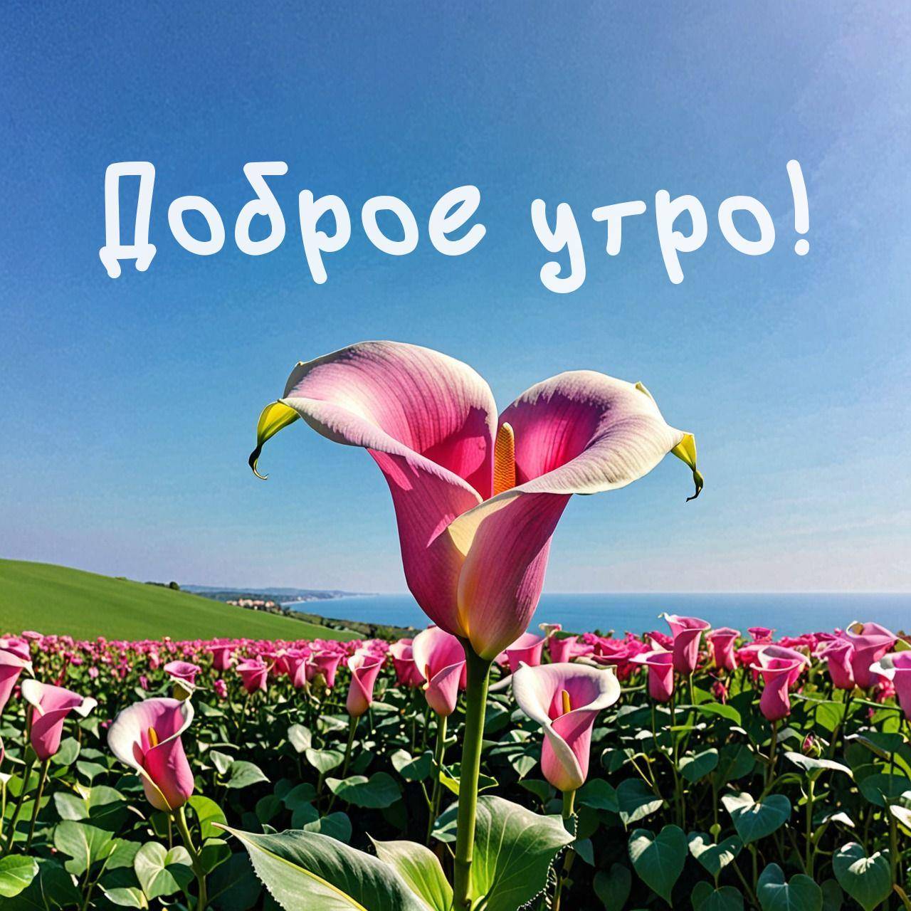 Розовый цветок на фоне поля и неба