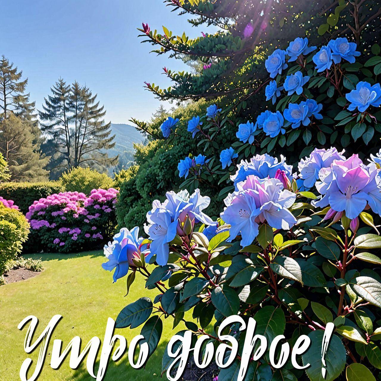 Сад с голубыми и розовыми цветами, зеленая трава