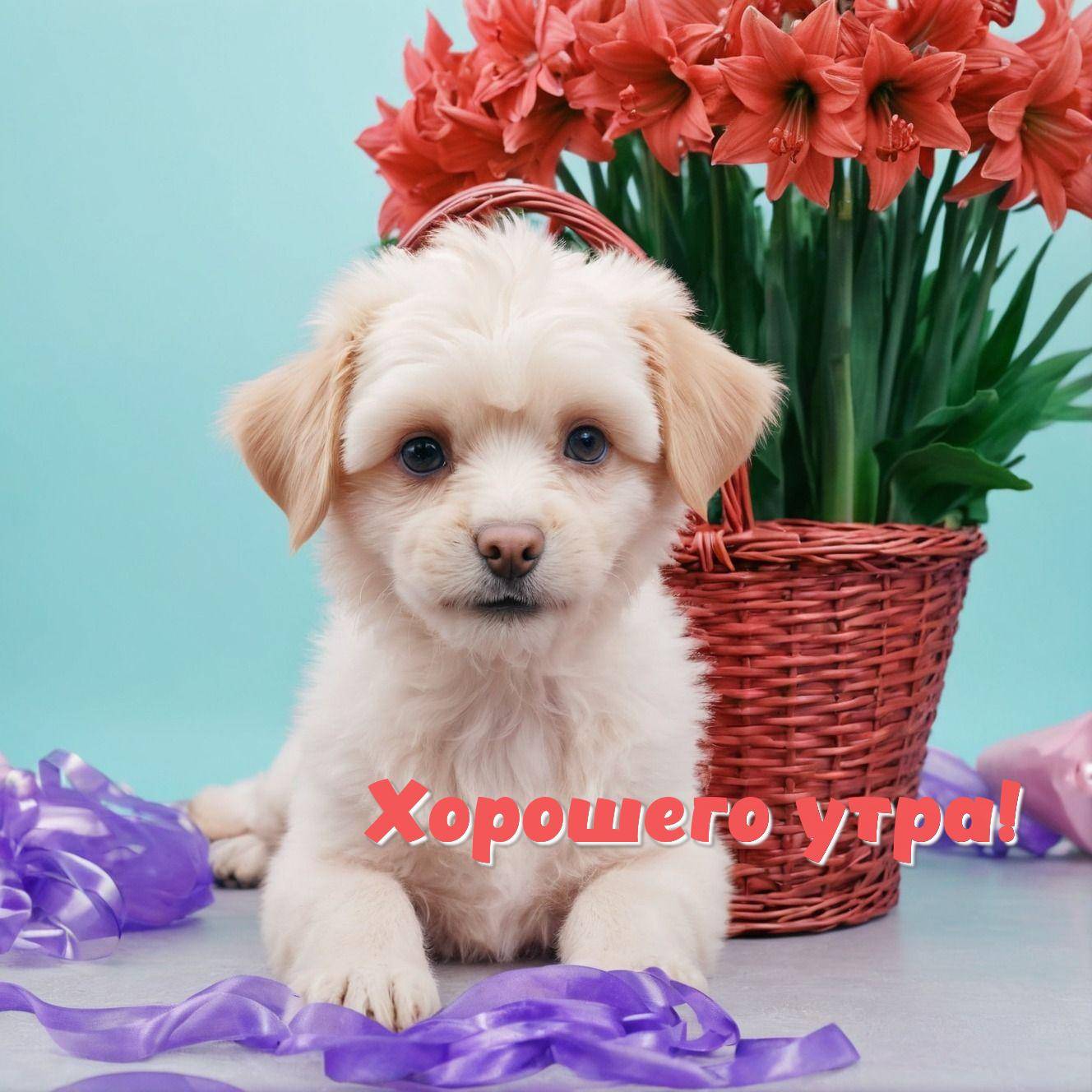 Щенок на голубом фоне среди цветов и лент