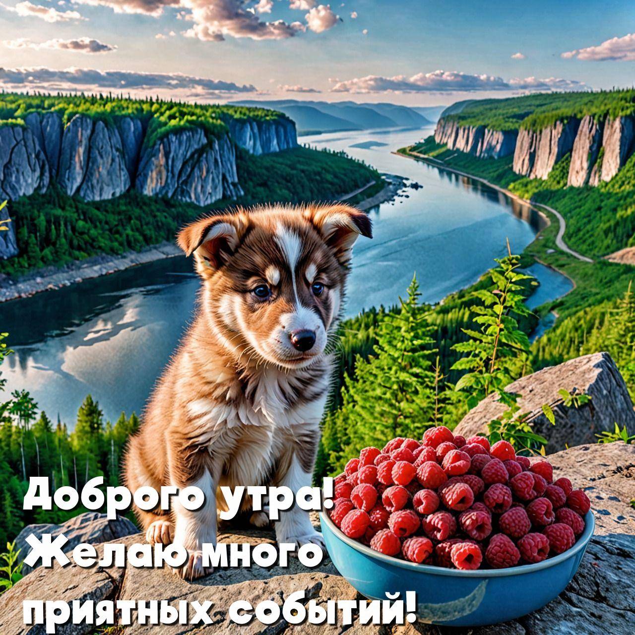 Щенок смотрит на реку, перед ним миска с малиной
