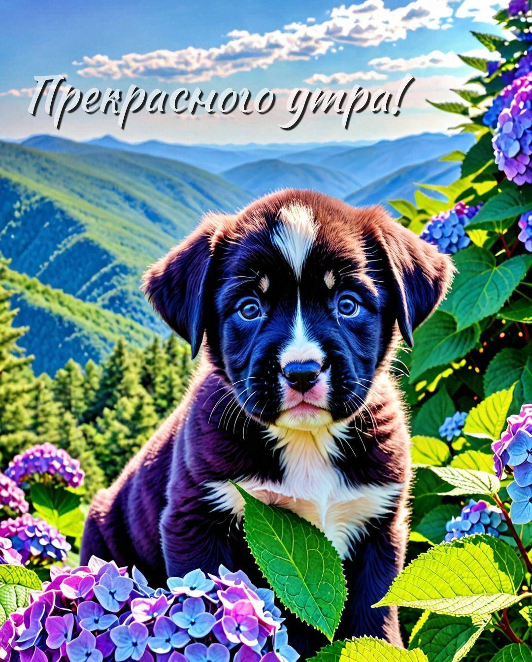 Щенок среди цветов на фоне гор