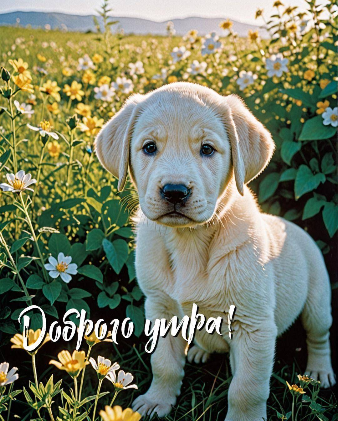 Щенок среди цветов на природе