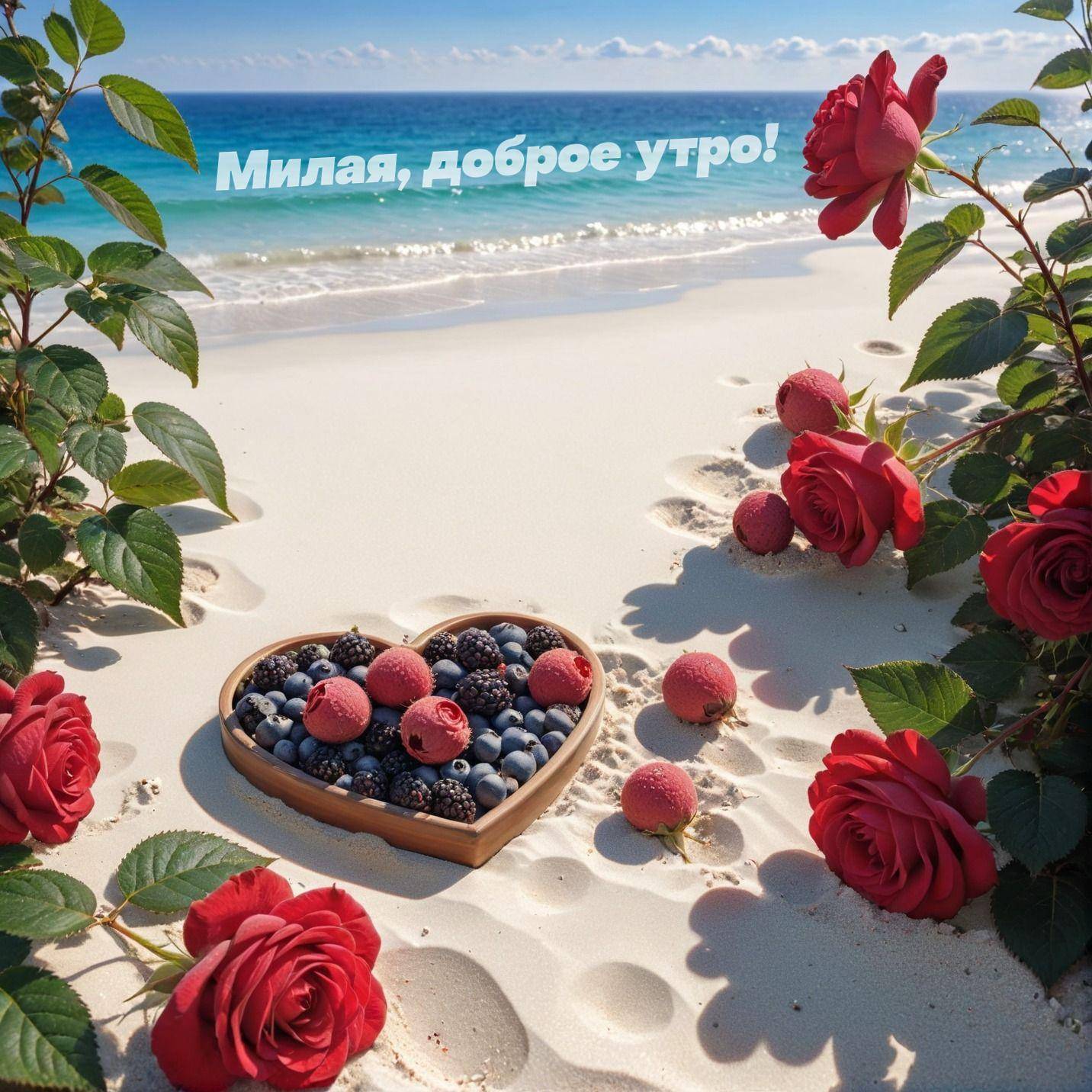 Сердце из ягод на пляже с розами