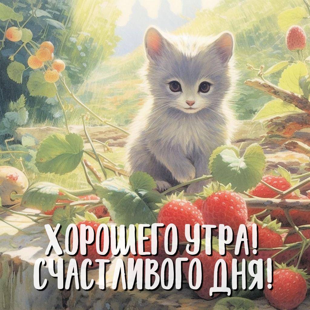Серый котенок среди красных земляничных ягод