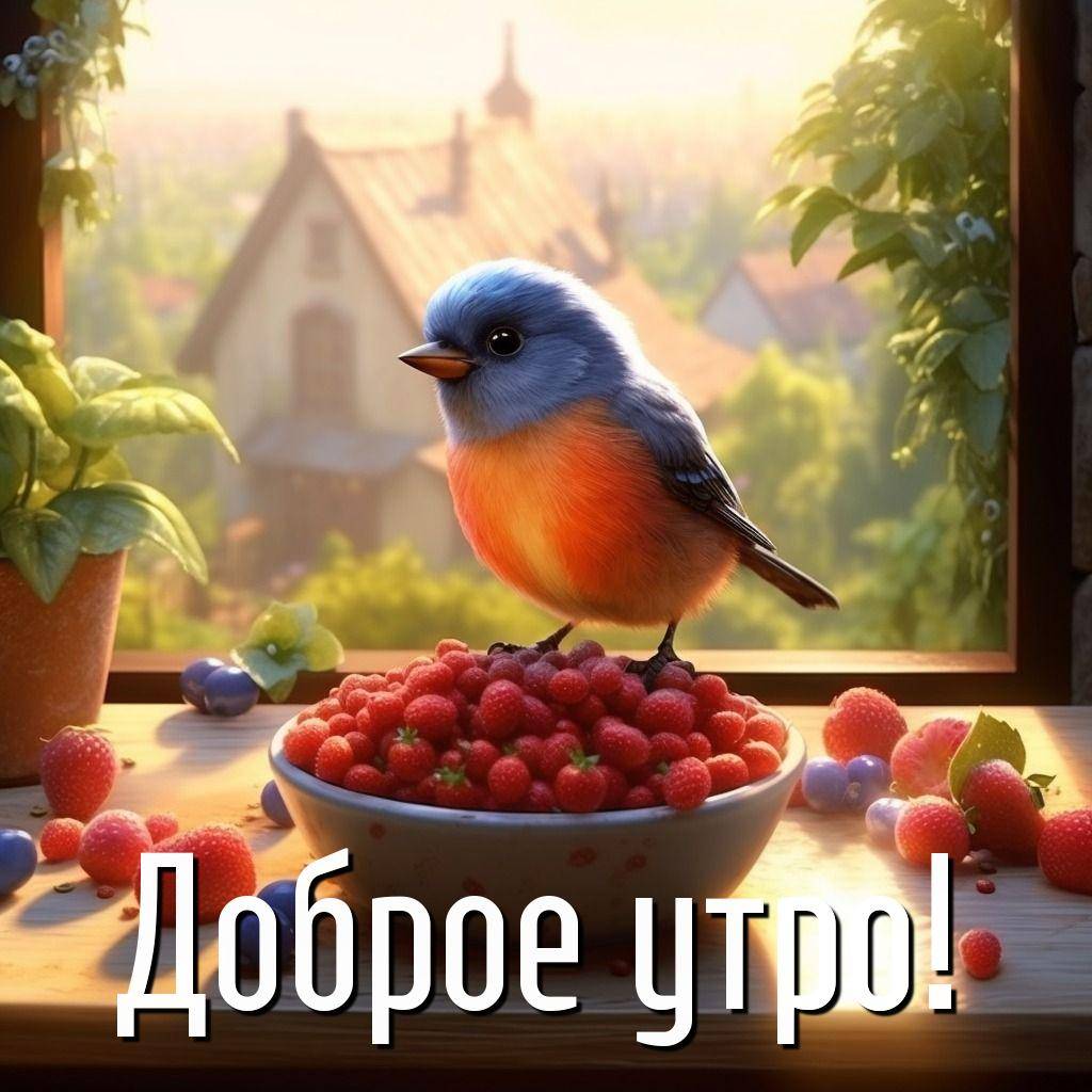 Сине-оранжевая птица на краю миски с малиной