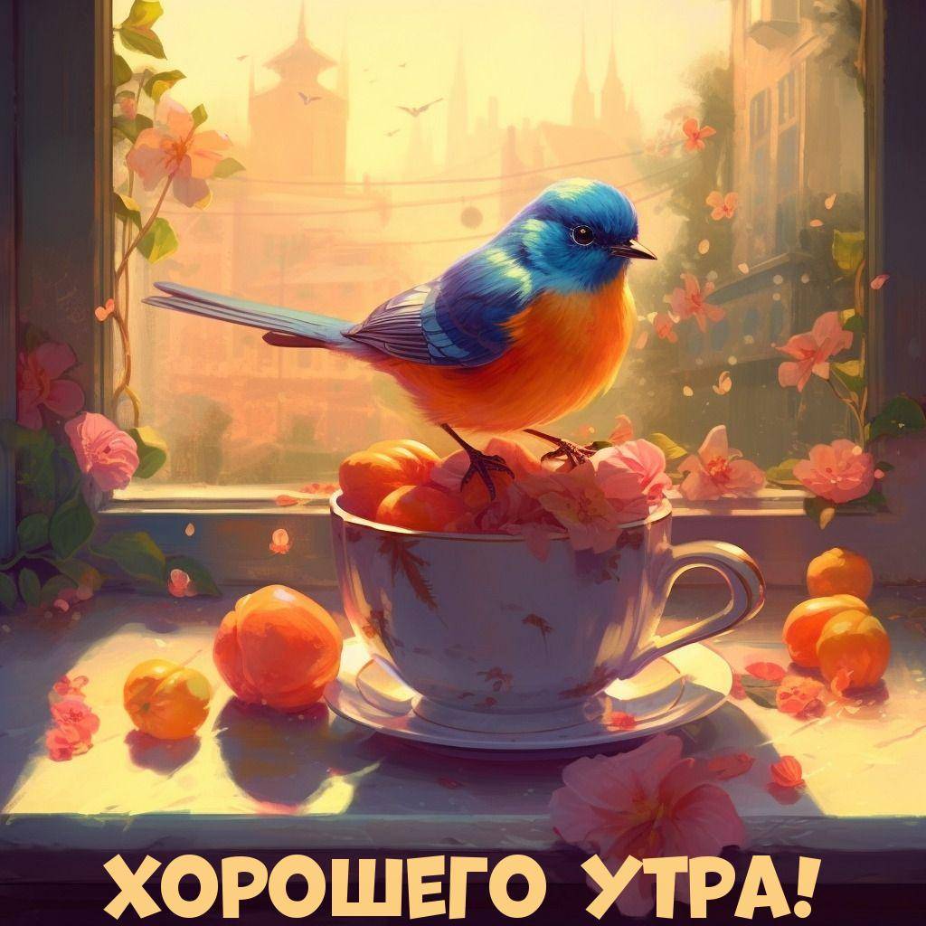 Синяя птица на чашке с фруктами