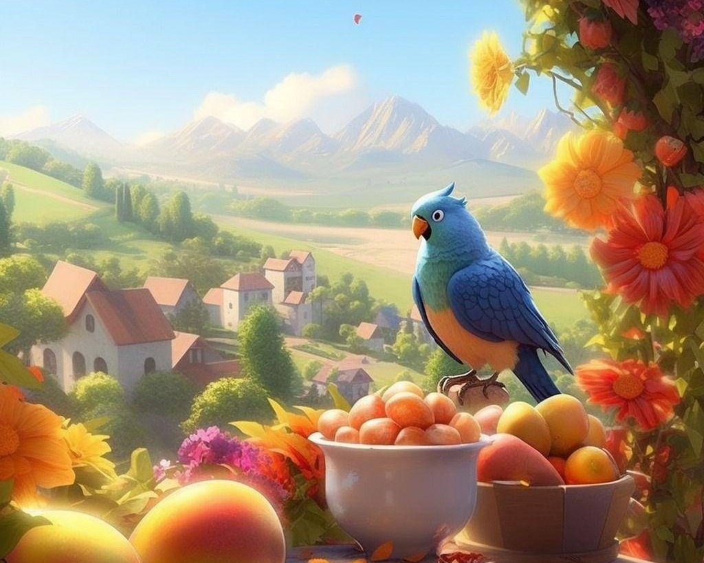 Синяя птица на фоне гор и деревни